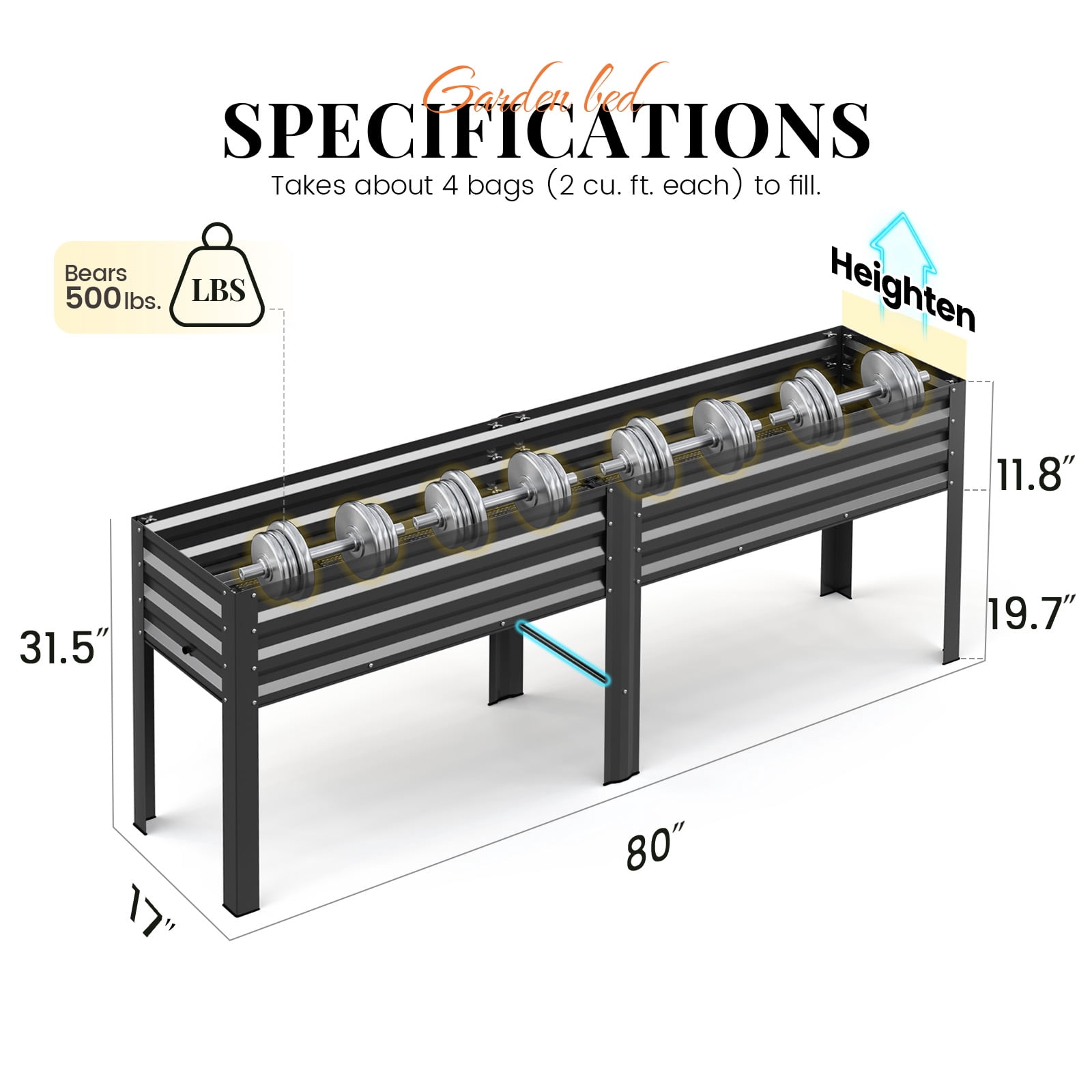 King Bird Galvanized Steel Raised Garden Bed Kit, 80"x17"x31.5" Metal Planter Box with Self-Watering Basin Cells, Tall Elevated Garden Bed for Vegetables & Flowers Deep Gray