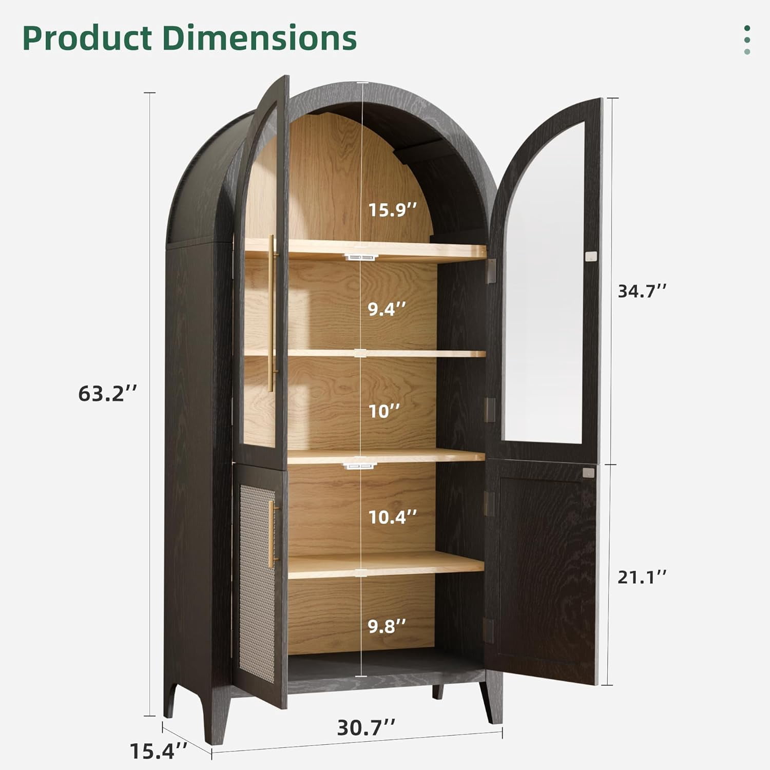 MAYEERTY 63"H Arched Accent Cabinet, Wood Kitchen Storage Cabinets with Glass Rattan Door and Adjustable Shelf for Living Room, Dining Room, Black