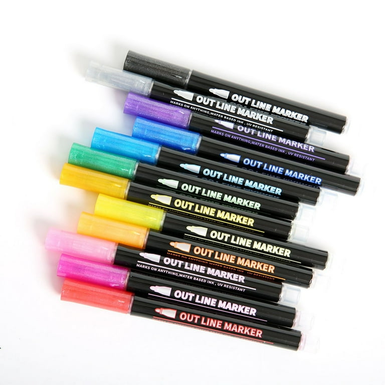 Brilliant Bee - Metallic Double Line Outline Pens - Self-outline Markers - 12 Colors