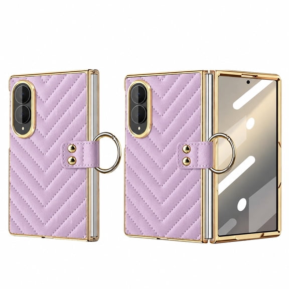 Dteck for Samsung Galaxy Z Fold 8 Case with Built-in Screen Protector, Portable Ring Holder, Shiny Frame Protective Phone Cover,Purple