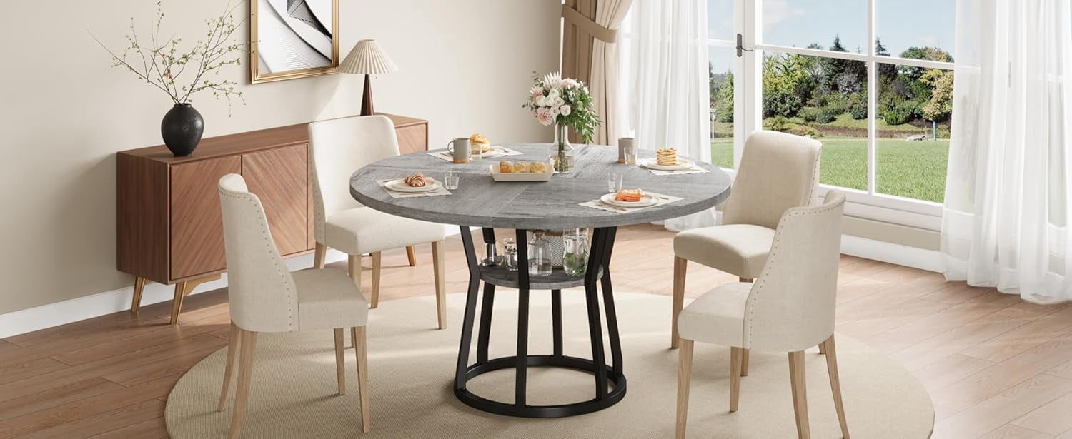 47.2" Round Dining Table for 4-6, Farmhouse Kitchen Table with Storage Shelf, Modern Wood and Metal Circle Table for Dining Room, Grey