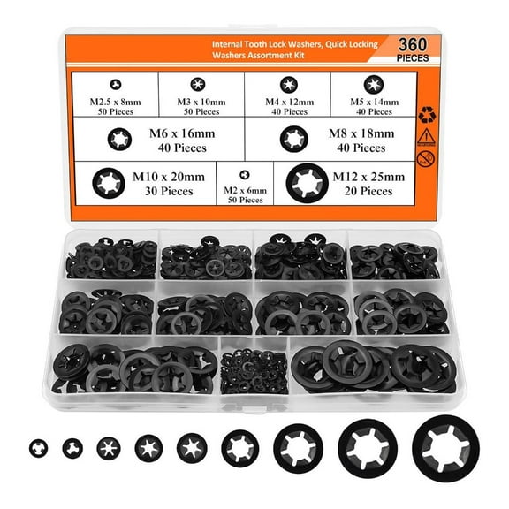 360Pcs Quick Speed Locking Washers Assortment Kits Internal Tooth Washers Replacement Push on Locking Washer