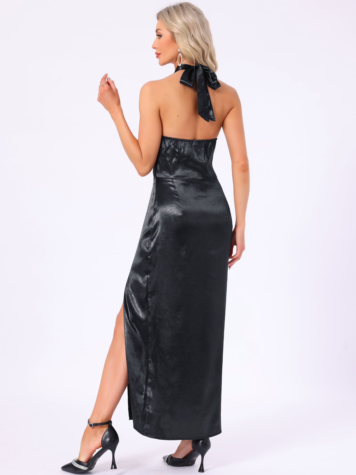 DARING DIVA Women's Satin Cocktail Halter Deep V Neck Sleeveless Dress L Black