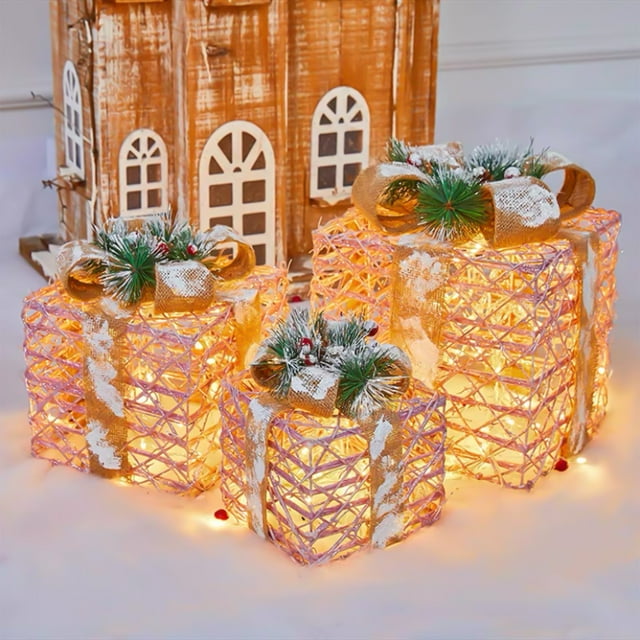 EGNMCR Room Decor, Home Decor, Wall Decor Set Of 3 Christmas Lighted Gift Boxes With Linen Belt 80 LEDs Gift Boxes Christmas Tree Ornament For Outdoor Indoor Holiday Party Light Boxes