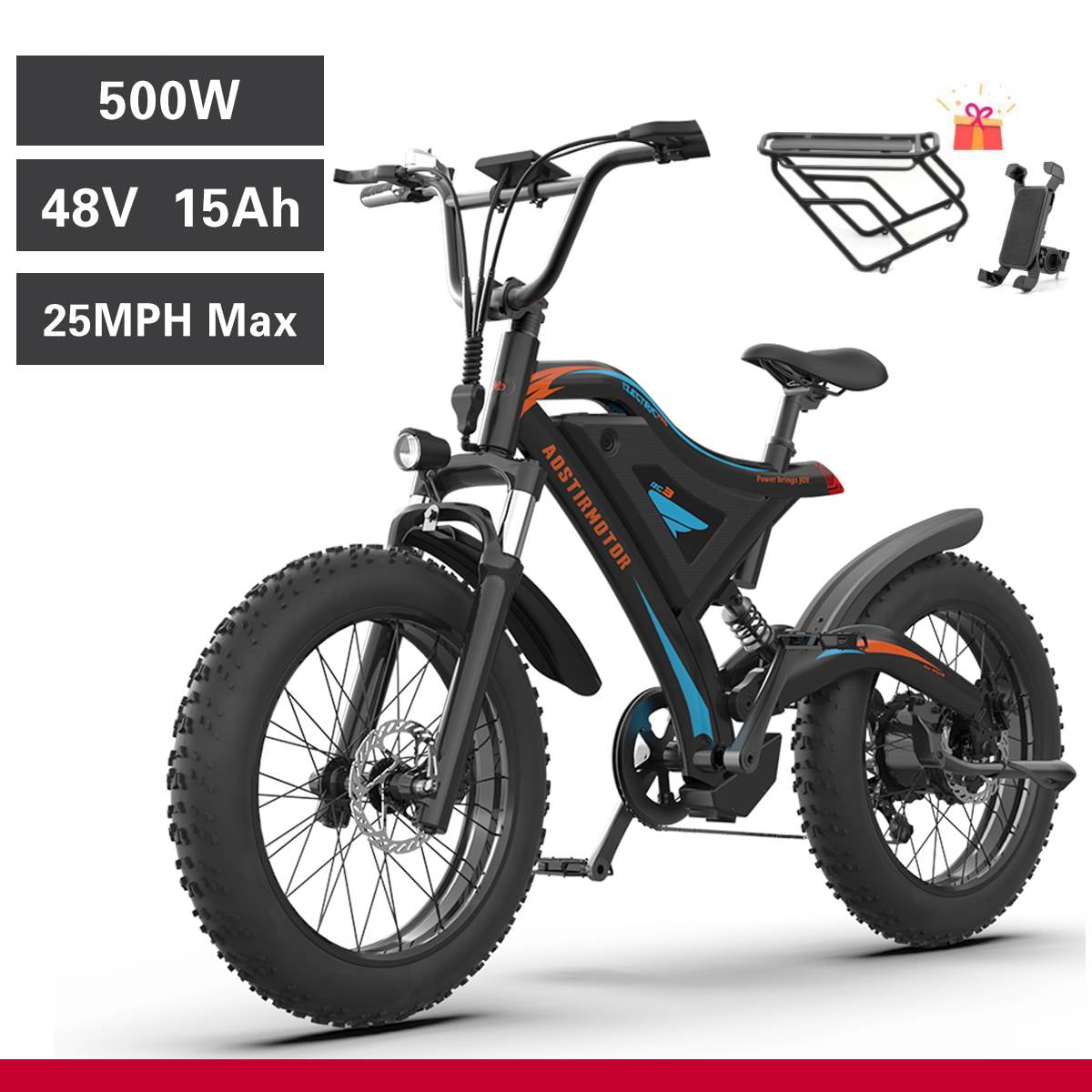 Aostirmotor Electric Bike with 500W Motor 48V 15AH Removable Lithium  Battery, 20x4 inch Tires Ebike for Adults