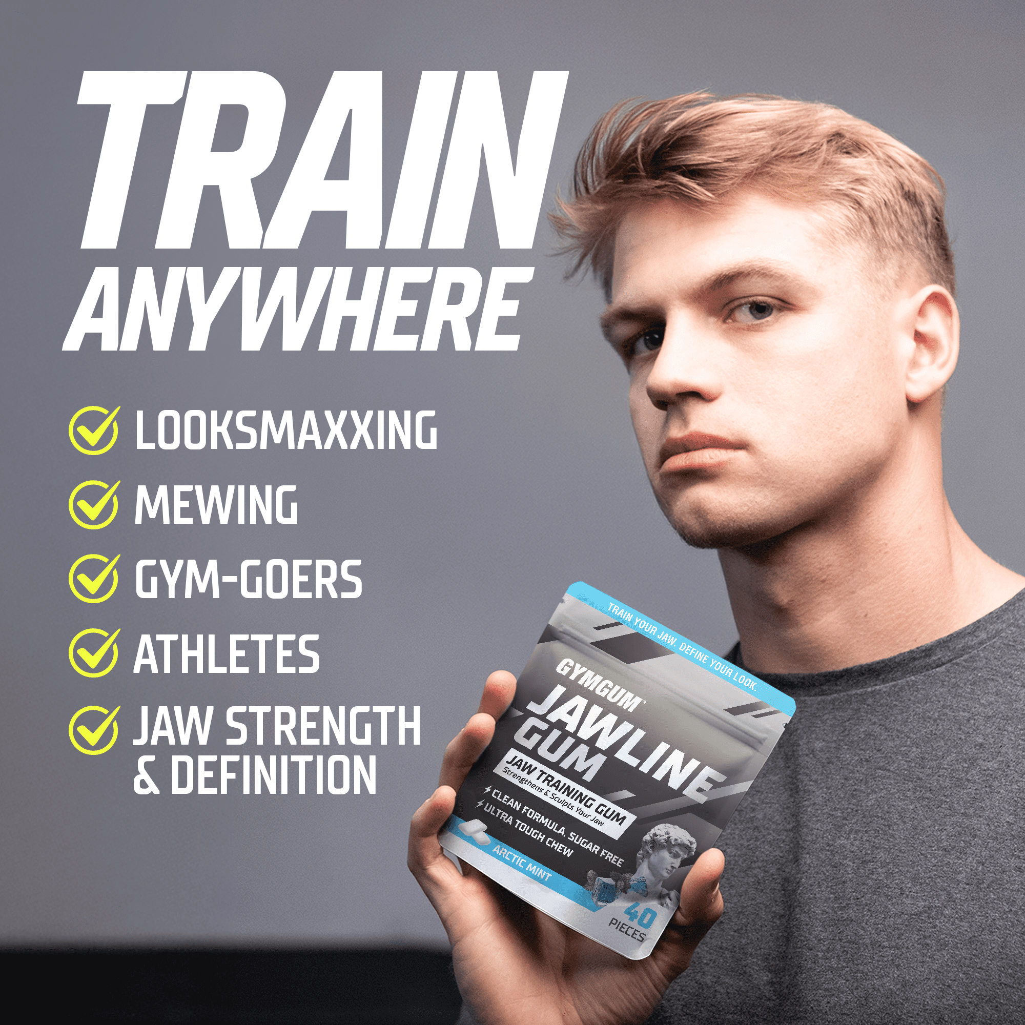 GYMGUM Jawline Ultra Hard Chewing Gum | No Calories, No Sugar, No Artificial Sweeteners | Keto Friendly Mewing Gum for Jaw Training & Exerciser (40 Count (pack of 3), Arctic Mint)