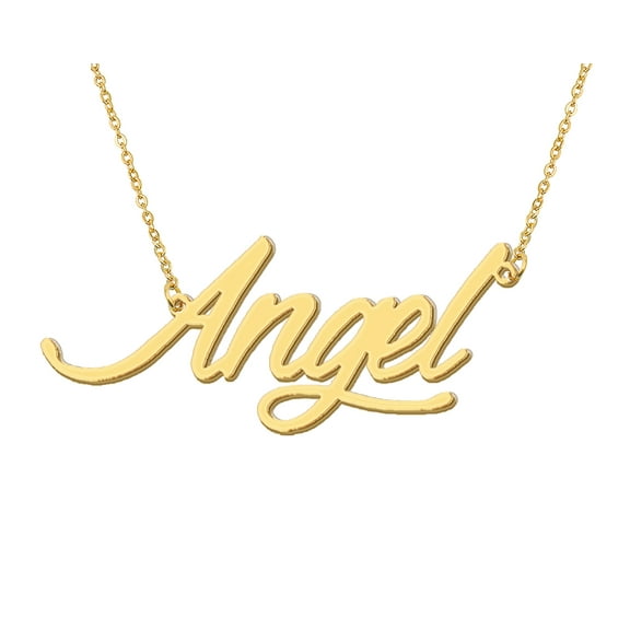 HUAN XUN 18k Gold Plated Angel Name Necklace Stainless Steel Nameplate Necklaces for Womens Mens Mother Day Christmas Jewelry Gift