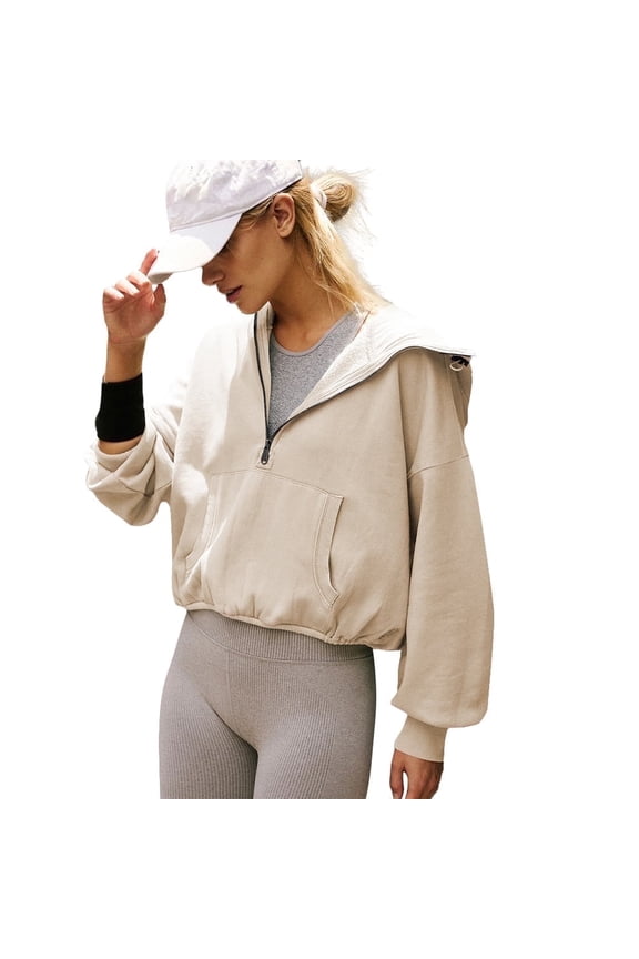 Womens Half Zip Sweatshirts Cropped Hoodies Pullover Drawstring Long Sleeve Fall Casual Tops with Pocket
