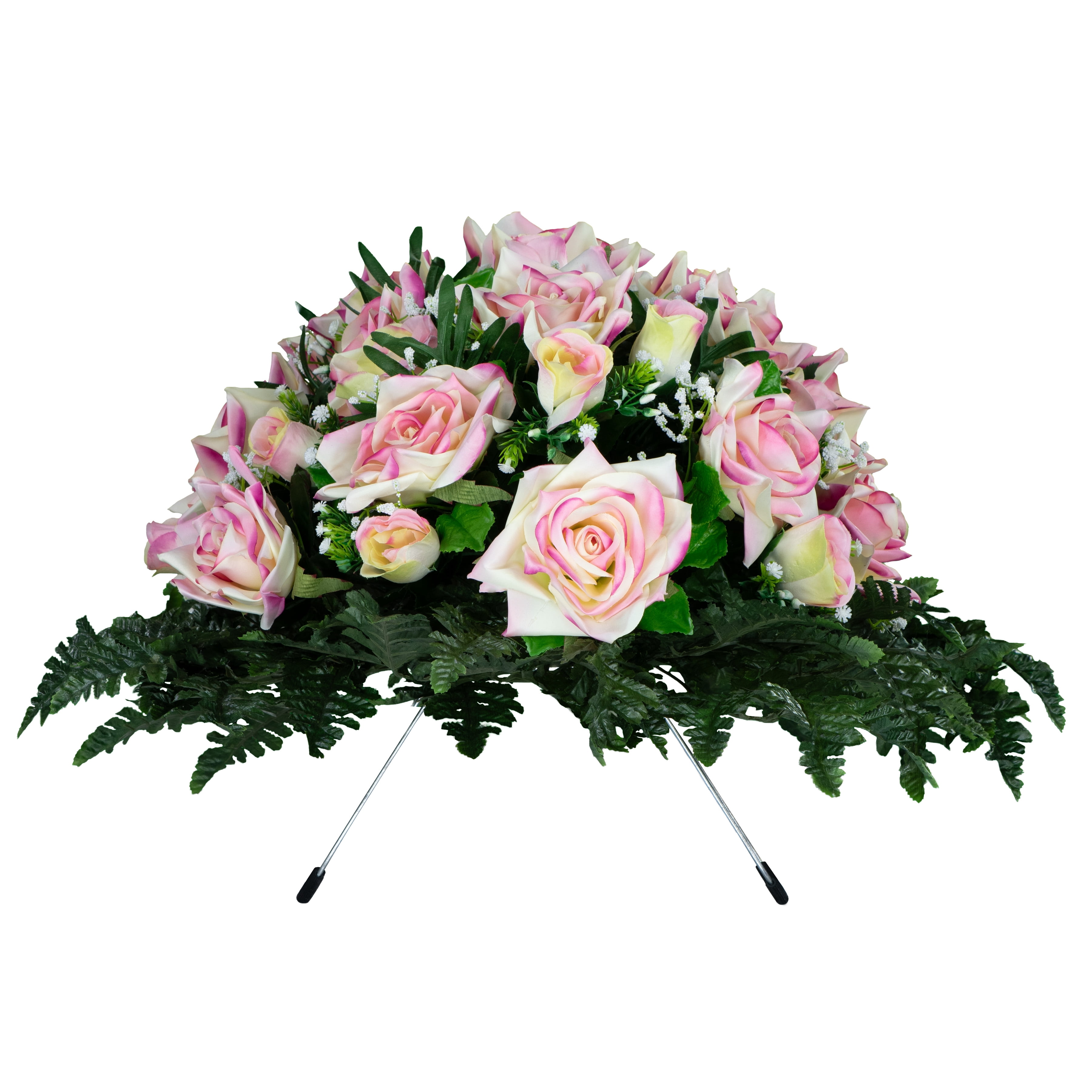 Sympathy Silks Artificial Cemetery Flowers - Cream Pink Open Roses and Rose Buds - Outdoor Saddle for Headstone
