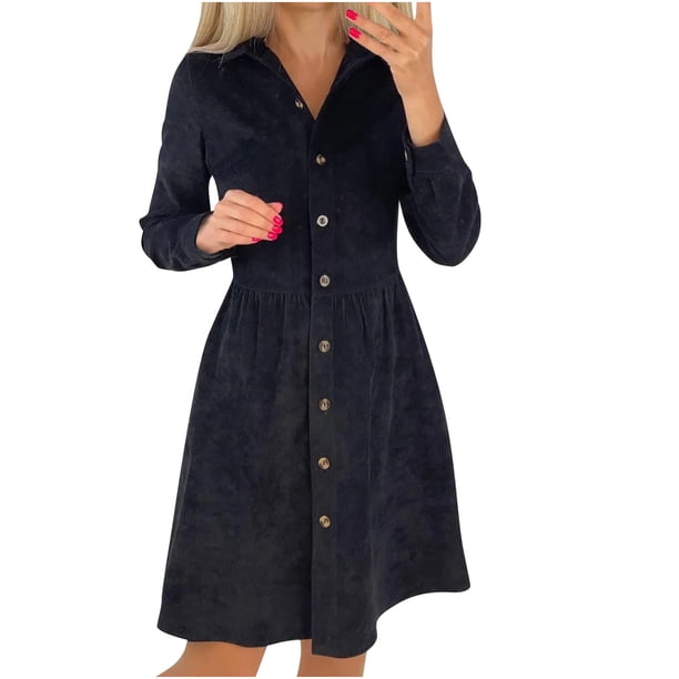 Vestido de manga larga de un solo pecho de color sólido con solapa informal de moda para mujer Pompotops hdfakjf387