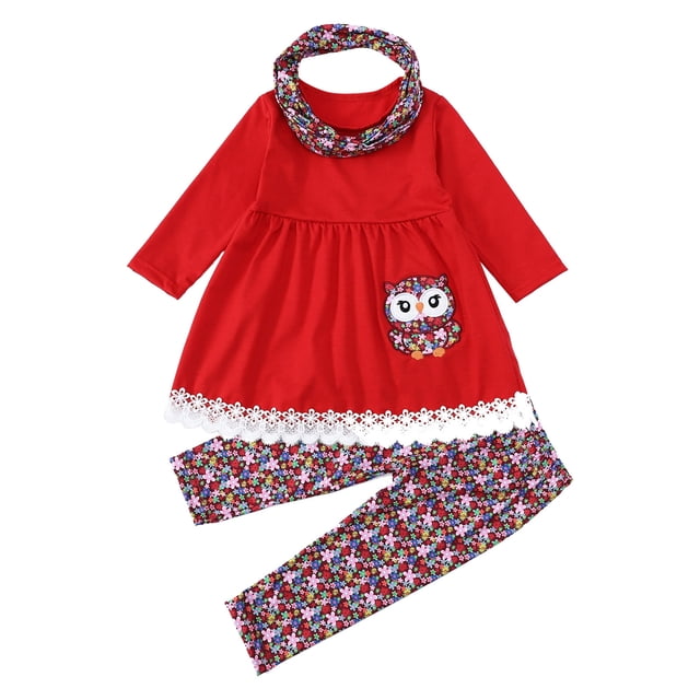 Gibobby Conjunto para bebé y Niños pequeños bebés niñas Otoño Invierno Animal estampado algodón manga larga Tops pantalones diademas trajes ropa(Rojo, 3-4 Años)