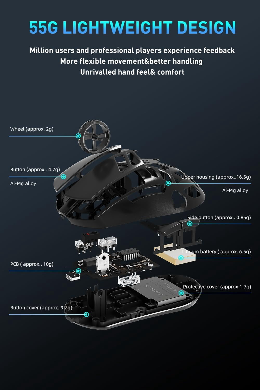 DAREU A950pro 4K Wireless Gaming Mouse:55g Ultra-Lightweight,4KHz Polling Rate,PAW3395 Optical Sensor,26K DPI,6 Programmable Buttons,Support 15min Fast Charging &Tri-mode Connection (Black)