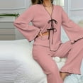 thumbnail image 6 of Aobny Travel Clothes Women Pink Ruffle Petite Lounge Sets Full Long Sleeve Loose V-Neck Ladies Pajamas Sets,XS, 6 of 8