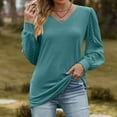 thumbnail image 2 of WREESH Womens Fashion Tunic Tops Solid Color Loose V-Neck Long Sleeve T-Shirt Mesh Bubble Sleeve Pullover Blue, 2 of 4
