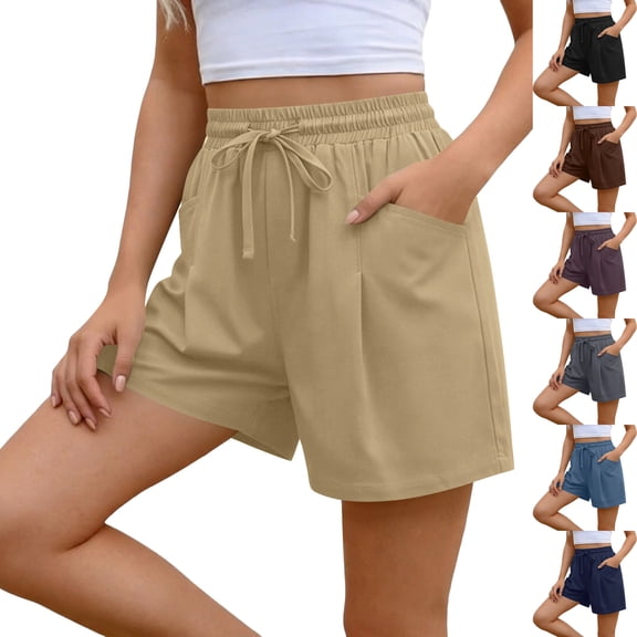 Paiwinds Women's Cotton Linen Style Drawstring Shorts with Pockets, Elastic Waist, Straight Leg Breathable Casual Shorts, Multiple Colors.
