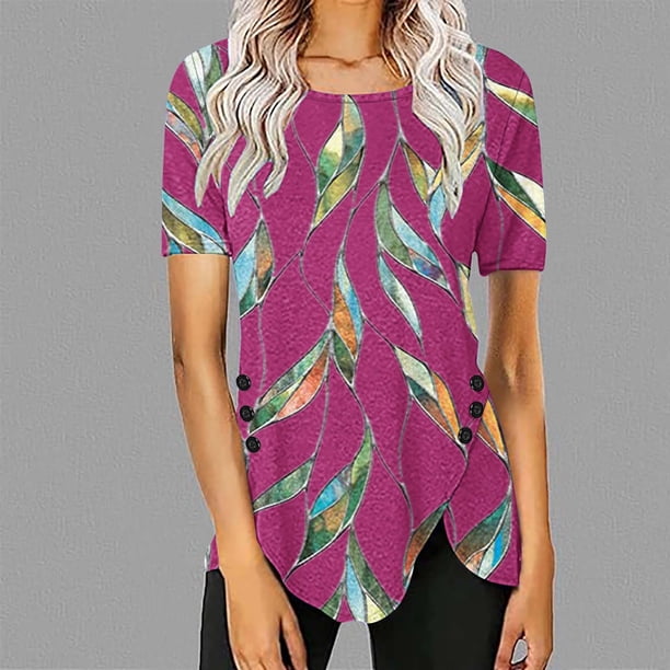 Fiudx Ofertas Flash Artículos En Oferta Blusa Casual de Manga Corta con Estampado de Botones y Cuello Redondo para Mujer