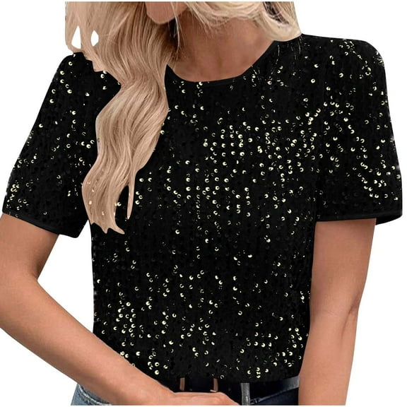 BinBiL womens summer tops Womens Full Sequin Sparkle Tops Shimmer Glitter Round Neck Short Sleeve Shirt Summer Disco Party Tee Shirts Tunic Blouse Yellow 16-18(XL)