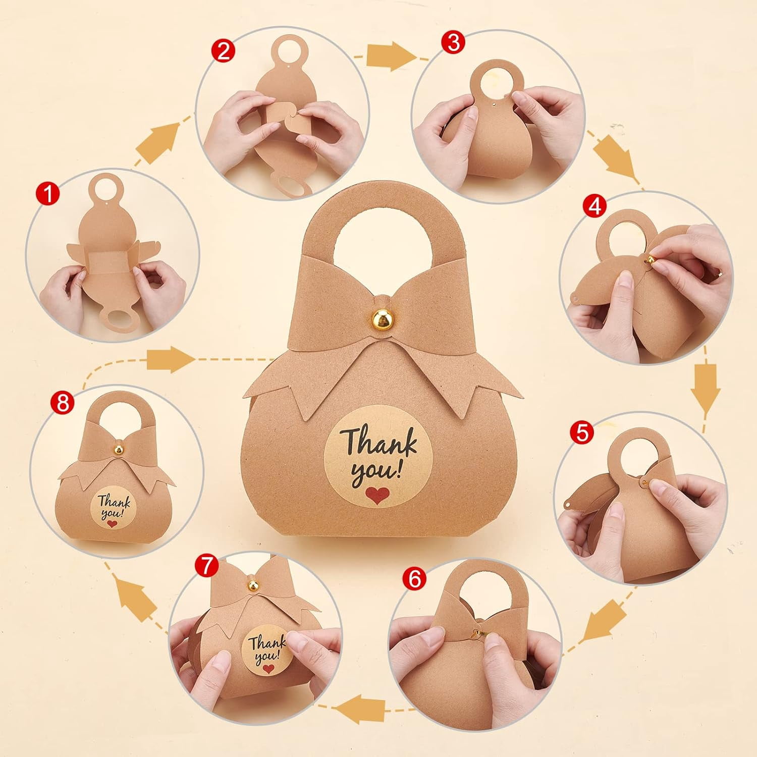 50 Packs Bowknot Favor Boxes Kraft Package Box Thank You Favor Boxes With Stickers Treat Paper Boxes for Wedding Birthday Bridal Shower Baptism 3.5x6.5x13cm /1.3x2.6x5.1 inch