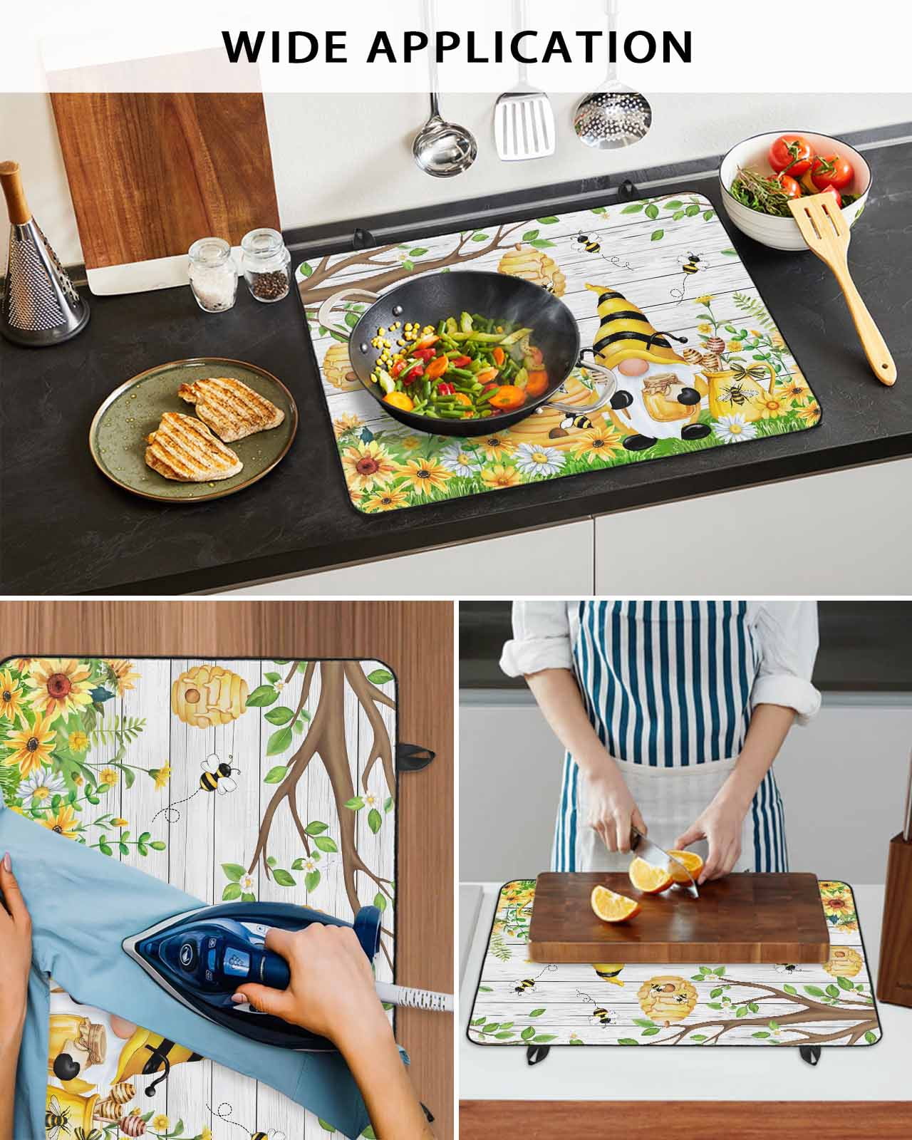 Large Induction Cooktop Protector Mat Yellow Daisy Gnomes Stove Top Covers for Electric Stove, Pastoral Bees Floral Botanical Wood Decorative Stove Burner Cover Mats, Glass Top Stove Cover