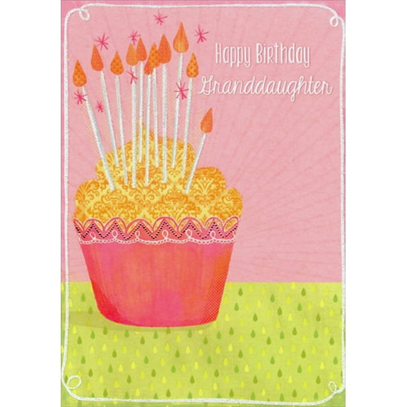 Designer Greetings Cupcake with Tall Sparkling Glitter Candles Birthday Card for Teen / Teenager Granddaughter