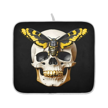 

Ryvnso Black Skull and Butterfly Dish Dry Mat for Kitchen Counter Absorbent Drainer Pad 16x18in