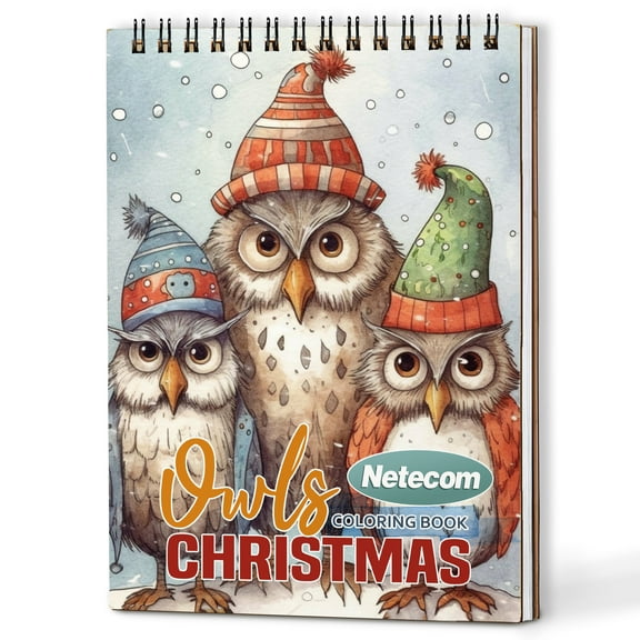 Netecom Christmas Owls Coloring Book Spiral Bound for Adults, A5 Wooden Cover, 30 Beautiful Coloring Pages of Playful Owls in Winter Landscape for Stress Relief and Relaxation
