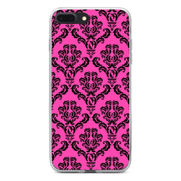 DistinctInk Clear Shockproof Hybrid Case for iPhone 7 PLUS / 8 PLUS (5.5" Screen) - TPU Bumper, Acrylic Back, Tempered Glass Screen Protector - Pink Black Damask Pattern - Floral Damask Pattern