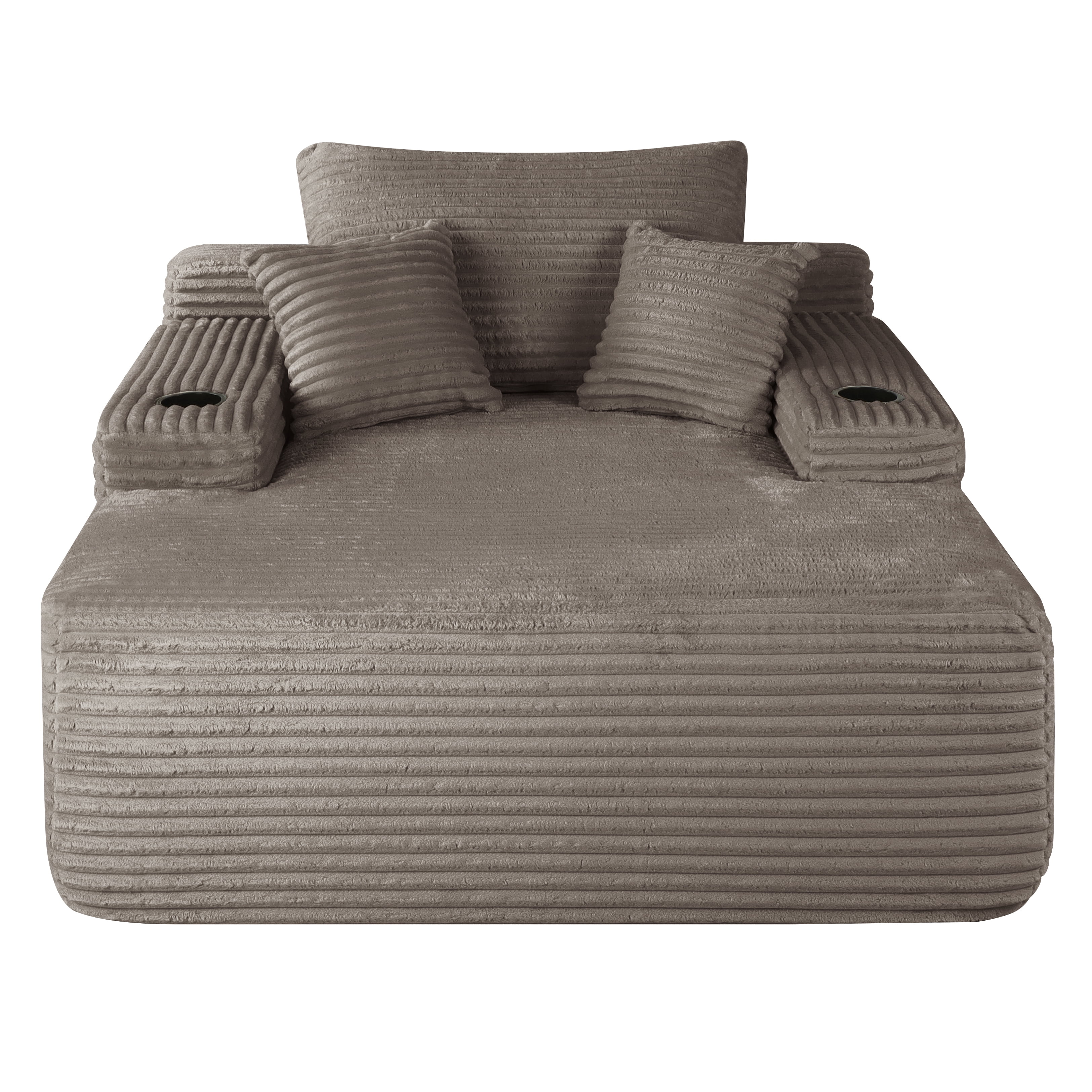 65" Oversized Chaise Lounge Chair with Wide Armrest & Throw Pillows,Corduroy Upholstered Boneless Sleeper Sofa Bed Armchair with Cup Holder for Living Room,No Assembly Required,Grey Brown
