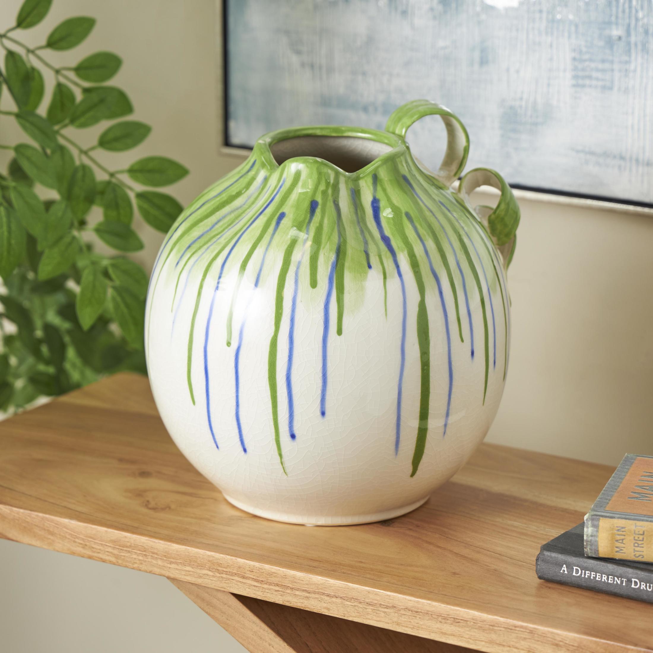 DecMode 11" Abstract White Ceramic Vase with Green and Blue Drip Design and Handles