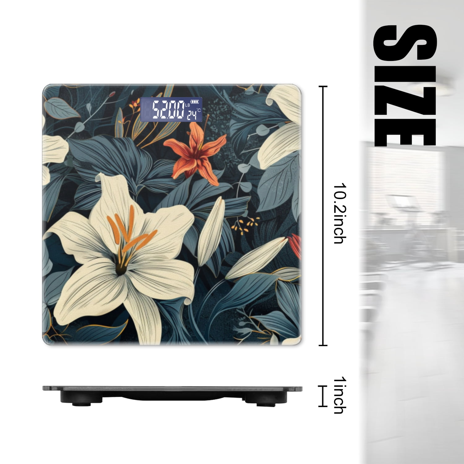 High Precision Body Weight Scale Smart Bathroom Scales with Large LCD Display(400lbs),Decorative for Bedroom-White Lilies And Dark Navy Blue Leaves With Dark Orange Accents
