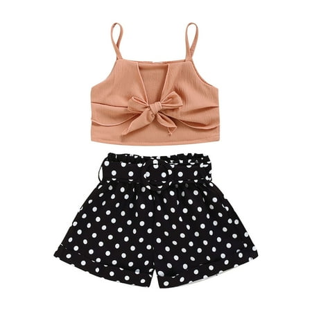 

Toddler Baby Girls Summer Sleeveless Bowknot Suspender Tops+Dot Printed Shorts Outfits Fashion Children s Suit