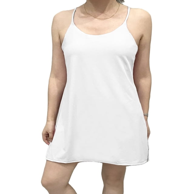 Robe de Sport d'Entraînement pour Femmes Faux 2 Pcs Robe à Bretelles Spaghetti avec Soutien-Gorge Intégré + Shorts avec Poche Robe Courte
