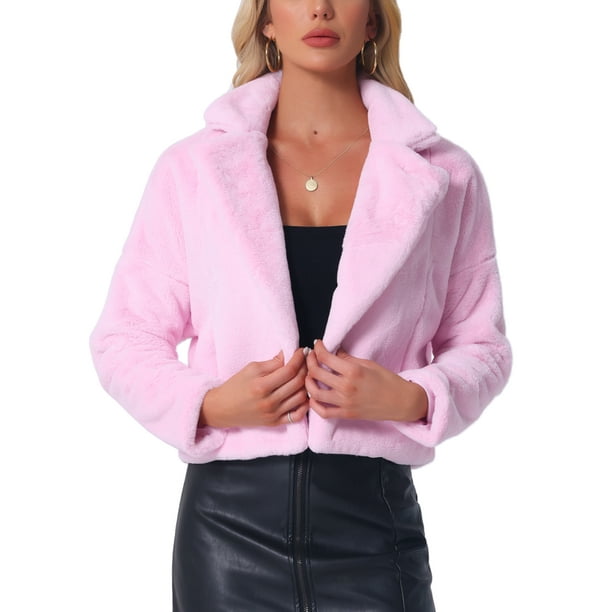 Chaqueta corta de pelaje sintético suave de manga larga con cuello de muesca para mujer Inspire Chic, color rosa claro