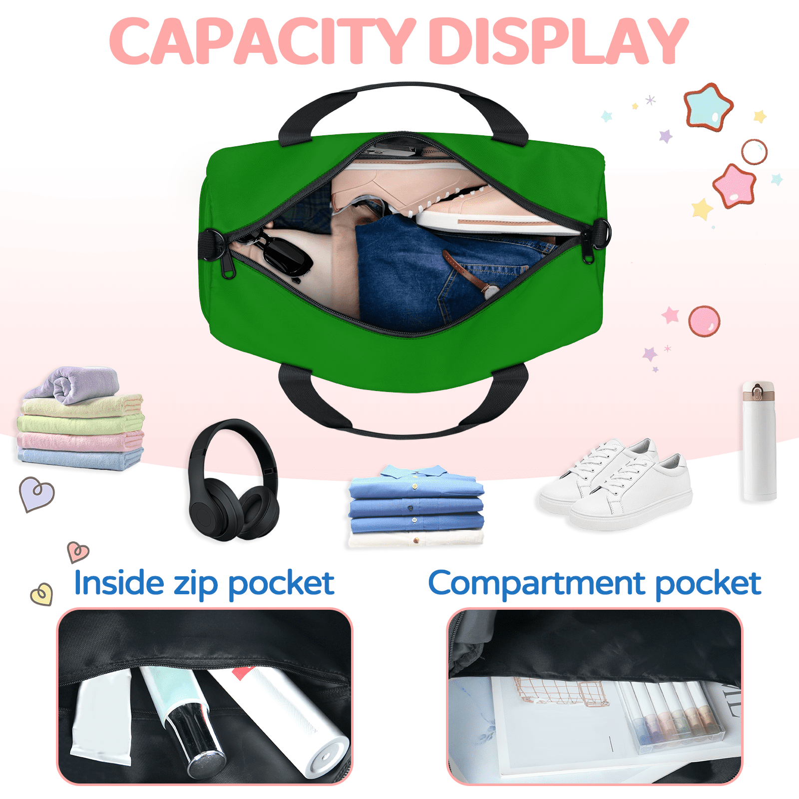 Herdesigns Green Travel Duffle Bag Sports Yoga Weekender Overnight Carry on Workout Bags Lightweight Waterproof Gym Tote Bag for Women