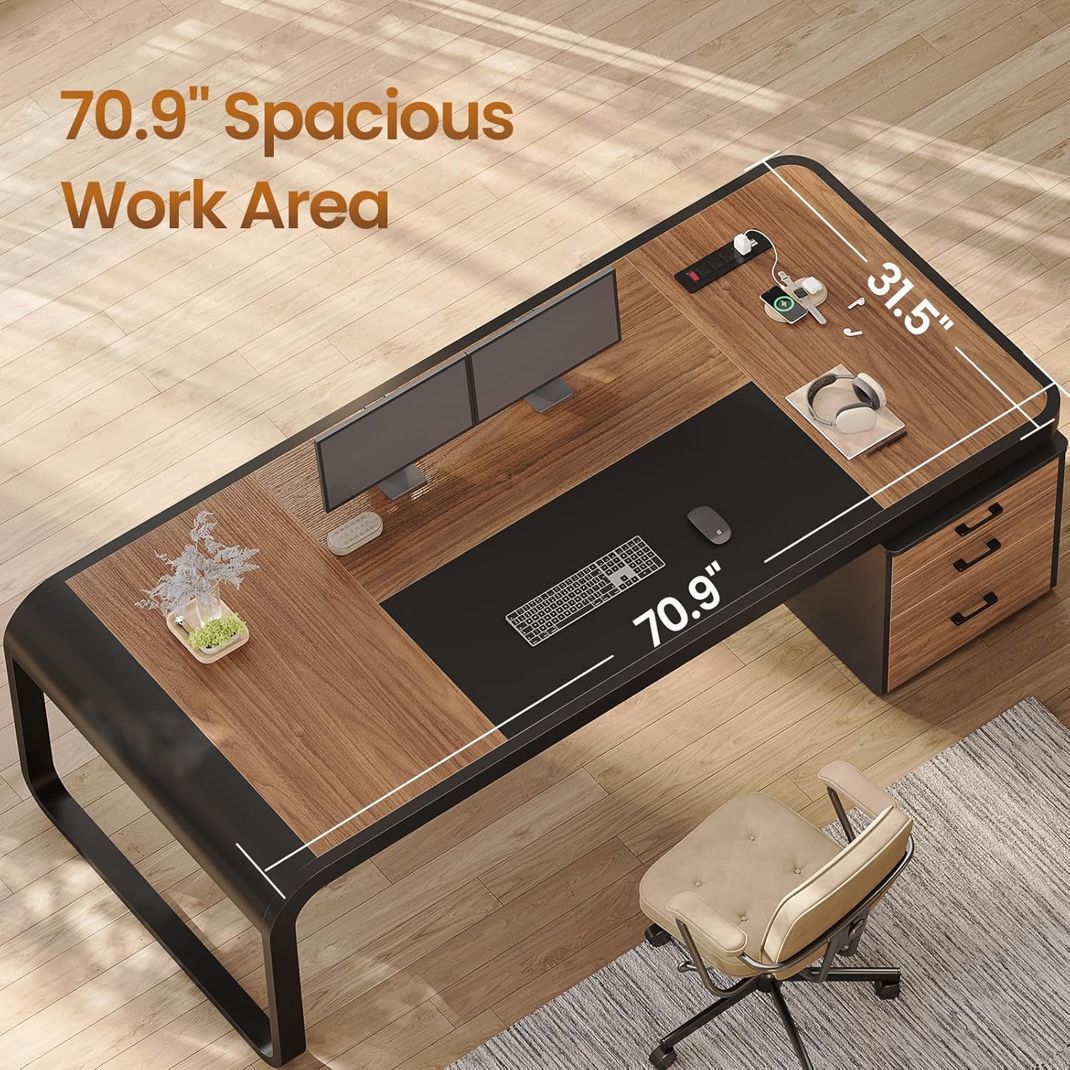 70.9" Executive Desk with Drawers and Power Outlets, Modern Office Desk with Shelf and Large Desktop, Computer Desk Study Table with Storage, Dark Brown