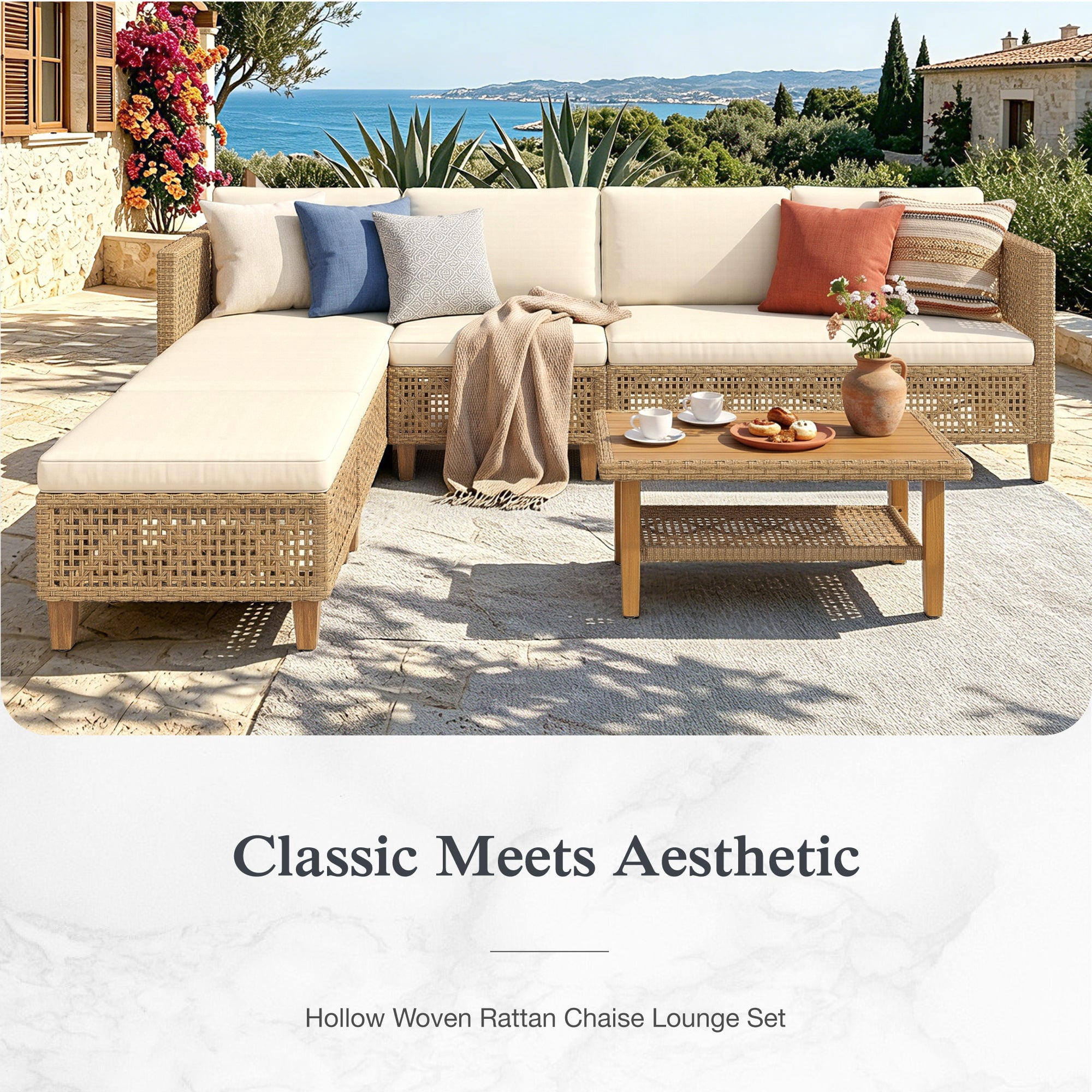 Alpha Joy 3 Pieces Wicker Patio Furniture Conversation Set Boho Style Outdoor Sofa with Wood Coffee Table