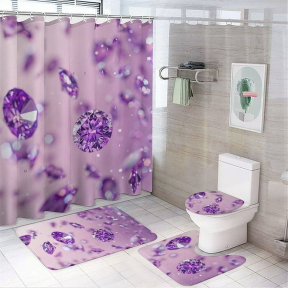 Purple Diamonds Falling 4 Pcs Bathroom Shower Curtain Set, Bathroom Sets with Rugs (Bath Mat, U Shape and Toilet Lid Cover Mat) and 12 Hooks,