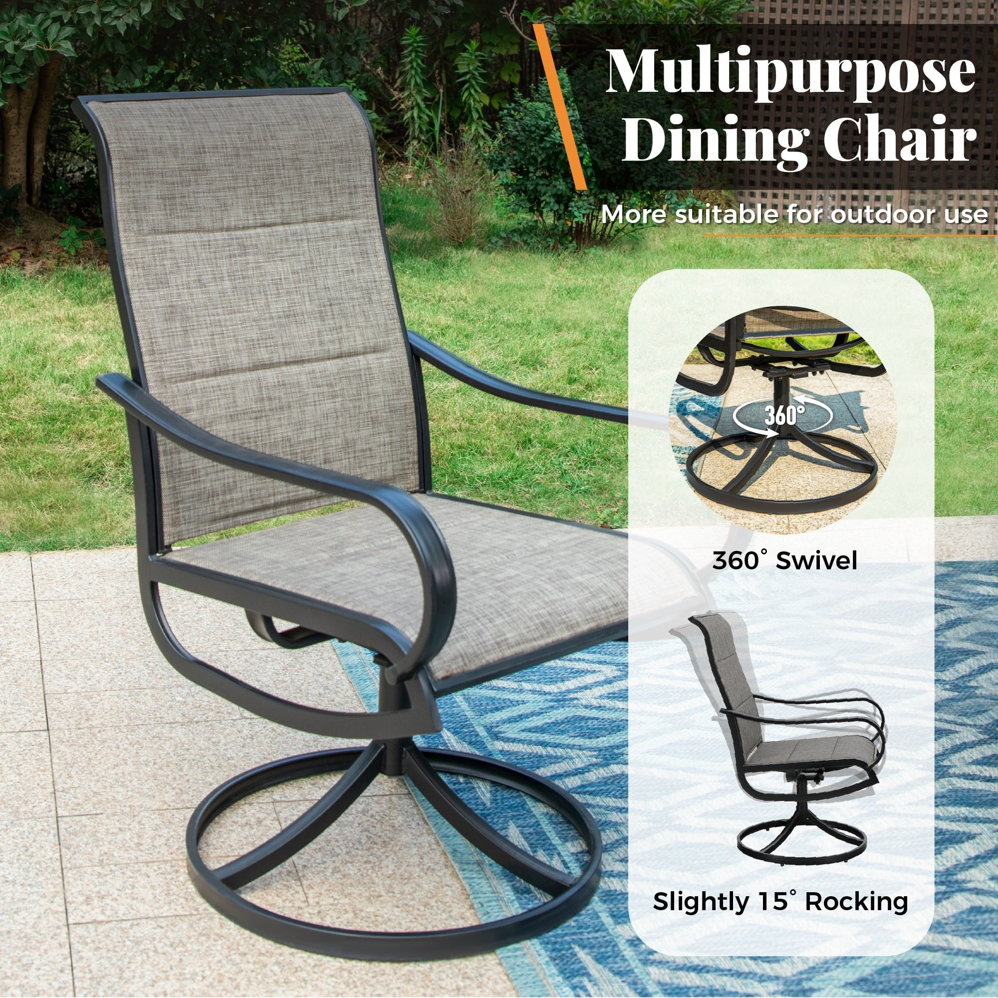 7-Piece Outdoor Patio Dining Set for 6, Padded High-Back Swivel Chairs and Rectangular Table, Grayish Brown