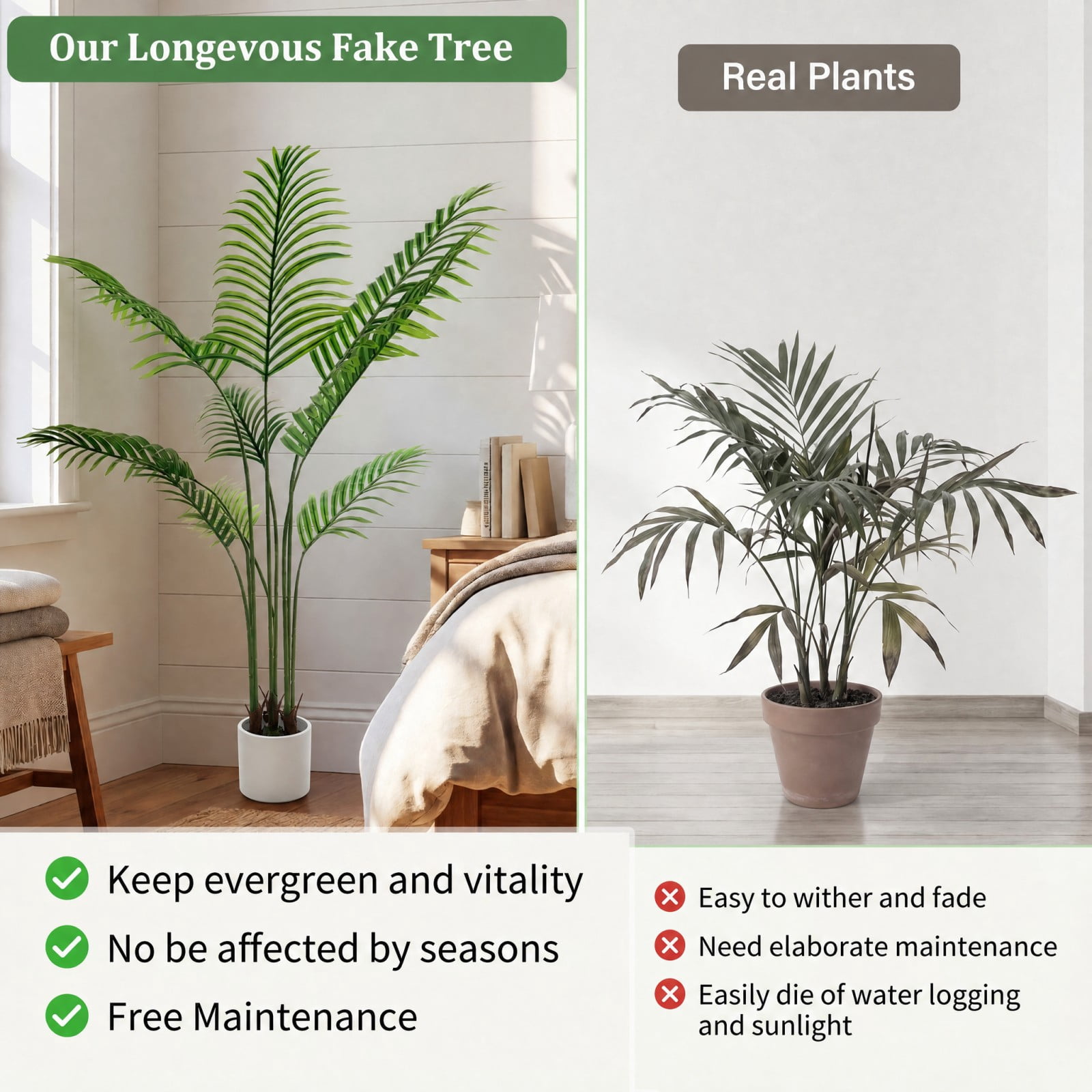 BEAUTYPEAK 4FT Artificial Palm Plants Fake Pre Potted Faux Green Tree Fake House Plants Indoor Outdoor Floor Plant