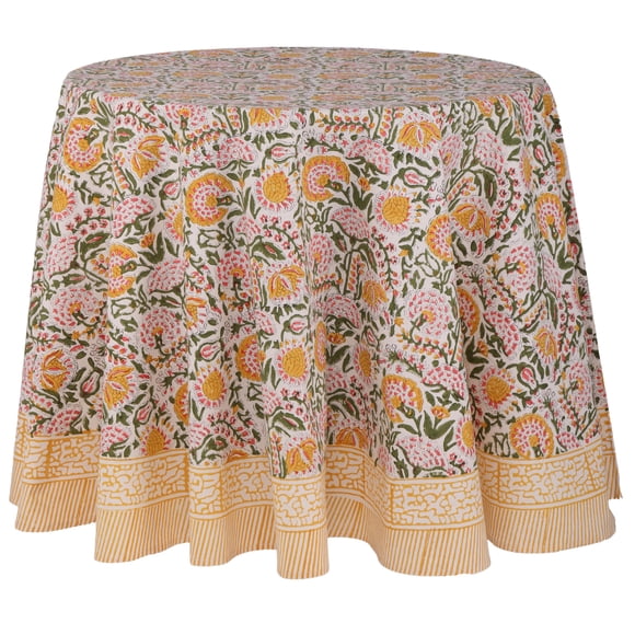 ATOSII Clover Yellow 100% Cotton Round Tablecloth, Handblock Print Floral Table Cloth for Kitchen Dining Linen I Parties, Weddings, Outdoors, Christm