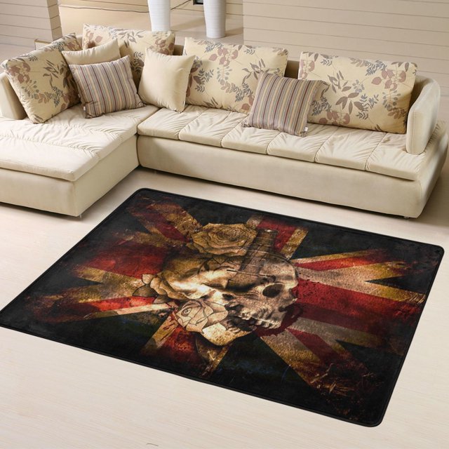 DouZhe England London Grunge Pattern Area Rugs Non-Slip Machine Washable Floor Mat, Skull And Crossbones Banner Style Carpet Doormat, 63x48 inches