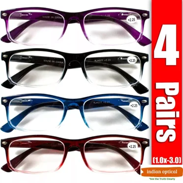 4 Pair Rectangular Spring Hinge Power Reading Reader Glasses For Men & Women  1.50 Strength