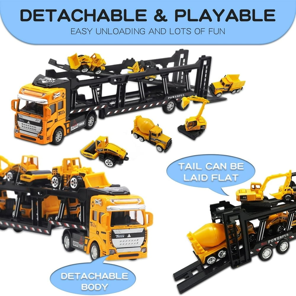 EIMELI Construction Truck Toy Die-cast Play Vehicle Set with 6Pcs Mini Crane Mixer Dump Excavator Car