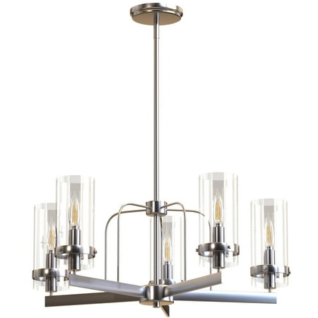 

Ambiate Lucia 5-Light Chandelier Fixture Satin Nickel Finish Glass Shades Adjustable Height Five Candelabra Base Sockets (E12) Dimmable For Dining Areas Kitchen Islands Entryways ETL Listed