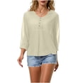 thumbnail image 3 of BRGZLK Women's 3/4 Sleeve Solid Color Summer Gauzy Tops Trendy Button Decoration Henley Shirts Classy Cruise Going Out Outfits, 3 of 6