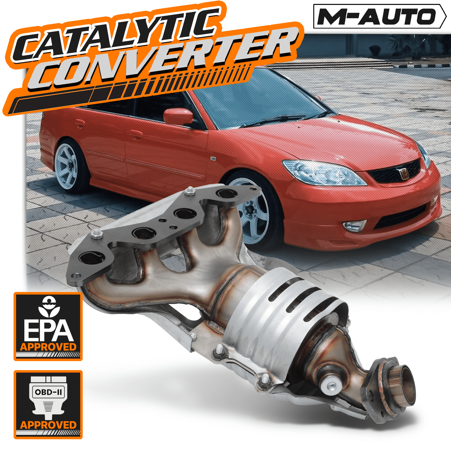 M-AUTO Catalytic Converter Exhaust Manifold with Heat Shield For 2001-2005 Honda Civic, Fits CX DX HX LX VX Models with 1.7L Engine