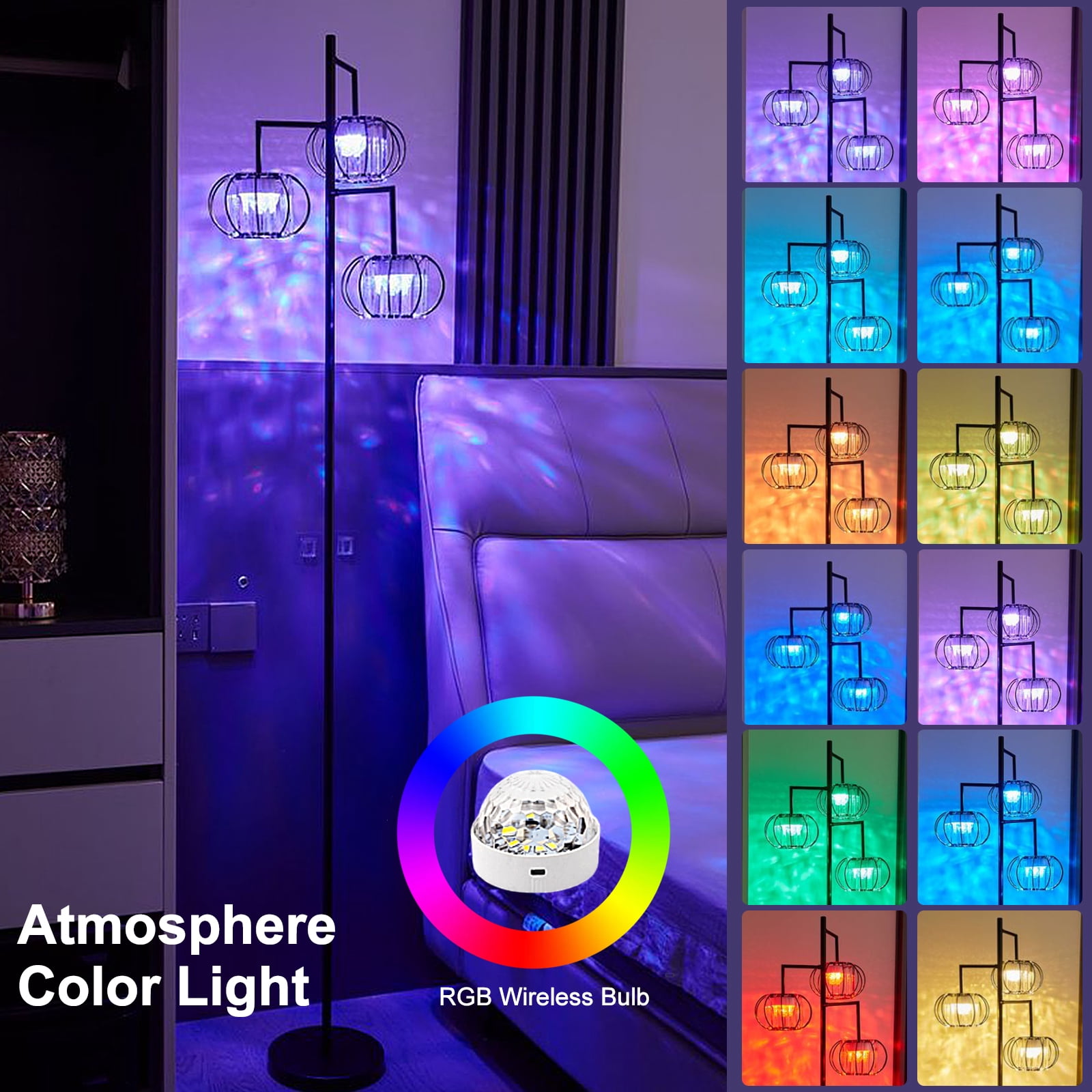 Modern 3-Light Crystal Floor Lamp with RGB Rechargeable Bulbs, Remote Control, Dimmable Ambient Standing Lamp for Living Room Bedroom Decor