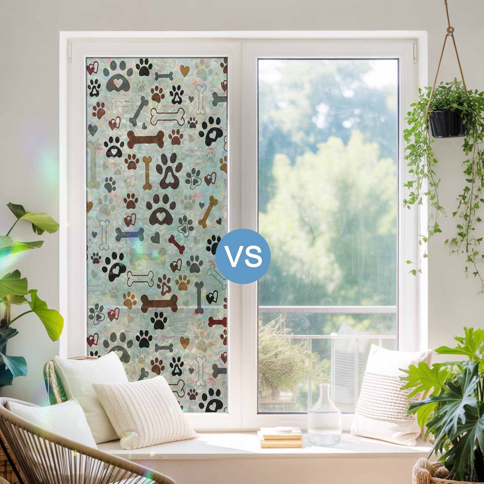 Dog Paw Window Privacy Film Stain Glass,Reusable Decorative Rainbow Window Film,Vintage Farmhouse Dog Bones Love Heart Static Cling Sun Blocking Stickers Decals Covers 29.5" x 118" (2pcs)