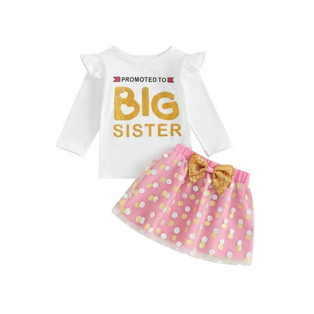 

Toddler Baby Girl 2 Piece Fall Outfit Letter Print Long Sleeve Shirts and Dot Print Mesh Tutu Skirt Set