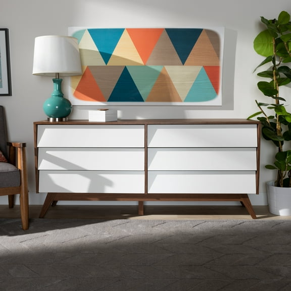 Bairbremy Studios Halfrida 6-Drawer Mid-Century Modern Style Dresser, White/Walnut